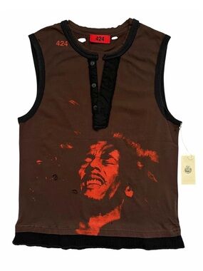 424 Bob Marley Vintage Distressed Layer Thermal Tank Tee Brown Small New